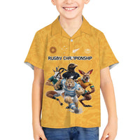 Custom Rugby Southern Hemisphere Family Matching Off Shoulder Short Dress and Hawaiian Shirt Argentina AUNZ South Africa Mascot Gold - Polynesian Pride