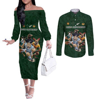 Custom Rugby Southern Hemisphere Couples Matching Off The Shoulder Long Sleeve Dress and Long Sleeve Button Shirt Argentina AUNZ South Africa Mascot Green - Polynesian Pride