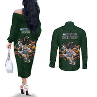 Custom Rugby Southern Hemisphere Couples Matching Off The Shoulder Long Sleeve Dress and Long Sleeve Button Shirt Argentina AUNZ South Africa Mascot Green - Polynesian Pride