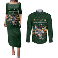 Custom Rugby Southern Hemisphere Couples Matching Puletasi and Long Sleeve Button Shirt Argentina AUNZ South Africa Mascot Green - Polynesian Pride