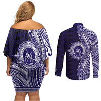 Tonga Queen Salote College 100th Years Couples Matching Off Shoulder Short Dress and Long Sleeve Button Shirt Blue Tonga Kupesi Uniquely Pacific Art - Polynesian Pride