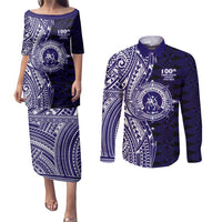 Tonga Queen Salote College 100th Years Couples Matching Puletasi and Long Sleeve Button Shirt Blue Tonga Kupesi Uniquely Pacific Art - Polynesian Pride