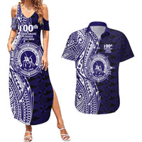 Tonga Queen Salote College 100th Years Couples Matching Summer Maxi Dress and Hawaiian Shirt Blue Tonga Kupesi Uniquely Pacific Art - Polynesian Pride