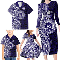Tonga Queen Salote College 100th Years Family Matching Long Sleeve Bodycon Dress and Hawaiian Shirt Blue Tonga Kupesi Uniquely Pacific Art - Polynesian Pride