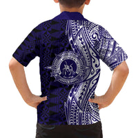 Tonga Queen Salote College 100th Years Family Matching Off The Shoulder Long Sleeve Dress and Hawaiian Shirt Blue Tonga Kupesi Uniquely Pacific Art - Polynesian Pride