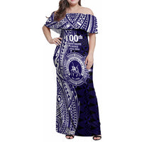 Tonga Queen Salote College 100th Years Family Matching Off Shoulder Maxi Dress and Hawaiian Shirt Blue Tonga Kupesi Uniquely Pacific Art - Polynesian Pride