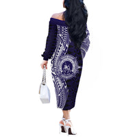Tonga Queen Salote College 100th Years Off The Shoulder Long Sleeve Dress Blue Tonga Kupesi Uniquely Pacific Art - Polynesian Pride