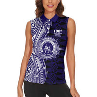 Tonga Queen Salote College 100th Years Women Sleeveless Polo Shirt Blue Tonga Kupesi Uniquely Pacific Art - Polynesian Pride