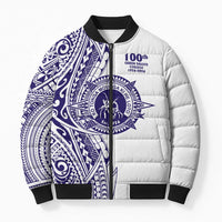 Tonga Queen Salote College 100th Years Bomber Puffer Jacket White Tonga Kupesi Uniquely Pacific Art - Polynesian Pride