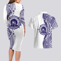 Tonga Queen Salote College 100th Years Couples Matching Long Sleeve Bodycon Dress and Hawaiian Shirt White Tonga Kupesi Uniquely Pacific Art - Polynesian Pride