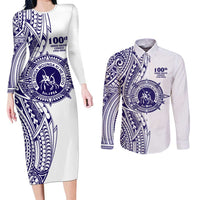 Tonga Queen Salote College 100th Years Couples Matching Long Sleeve Bodycon Dress and Long Sleeve Button Shirt White Tonga Kupesi Uniquely Pacific Art - Polynesian Pride