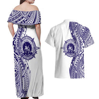 Tonga Queen Salote College 100th Years Couples Matching Off Shoulder Maxi Dress and Hawaiian Shirt White Tonga Kupesi Uniquely Pacific Art - Polynesian Pride