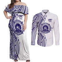 Tonga Queen Salote College 100th Years Couples Matching Off Shoulder Maxi Dress and Long Sleeve Button Shirt White Tonga Kupesi Uniquely Pacific Art - Polynesian Pride