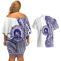 Tonga Queen Salote College 100th Years Couples Matching Off Shoulder Short Dress and Hawaiian Shirt White Tonga Kupesi Uniquely Pacific Art - Polynesian Pride