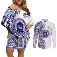 Tonga Queen Salote College 100th Years Couples Matching Off Shoulder Short Dress and Long Sleeve Button Shirt White Tonga Kupesi Uniquely Pacific Art - Polynesian Pride