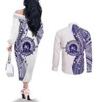 Tonga Queen Salote College 100th Years Couples Matching Off The Shoulder Long Sleeve Dress and Long Sleeve Button Shirt White Tonga Kupesi Uniquely Pacific Art - Polynesian Pride