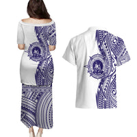 Tonga Queen Salote College 100th Years Couples Matching Puletasi and Hawaiian Shirt White Tonga Kupesi Uniquely Pacific Art - Polynesian Pride