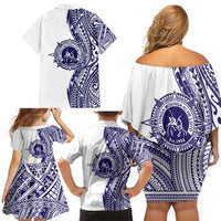 Tonga Queen Salote College 100th Years Family Matching Off Shoulder Short Dress and Hawaiian Shirt White Tonga Kupesi Uniquely Pacific Art - Polynesian Pride