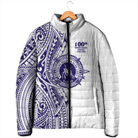 Tonga Queen Salote College 100th Years Padded Jacket White Tonga Kupesi Uniquely Pacific Art - Polynesian Pride