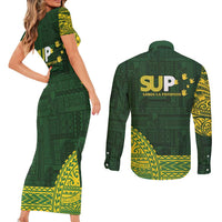Samoa SUP Couples Matching Short Sleeve Bodycon Dress and Long Sleeve Button Shirt Samoan Motif Patterns - Polynesian Pride