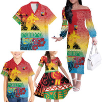 Personalised Torba PNG Day Family Matching Off The Shoulder Long Sleeve Dress and Hawaiian Shirt Oro Tapa Pattern - Polynesian Pride