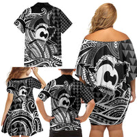 Koa Ikaika Warrior Helmet with Shark Family Matching Off Shoulder Short Dress and Hawaiian Shirt Black Kakau Style