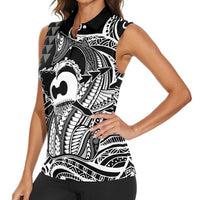 Koa Ikaika Warrior Helmet with Shark Women Sleeveless Polo Shirt Black Kakau Style LT9 - Polynesian Pride