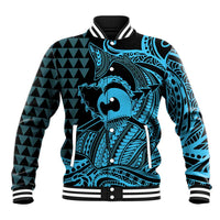 Koa Ikaika Warrior Helmet with Shark Baseball Jacket Blue Kakau Style