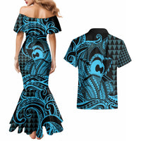 Koa Ikaika Warrior Helmet with Shark Couples Matching Mermaid Dress and Hawaiian Shirt Blue Kakau Style