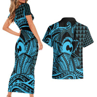 Koa Ikaika Warrior Helmet with Shark Couples Matching Short Sleeve Bodycon Dress and Hawaiian Shirt Blue Kakau Style