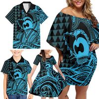 Koa Ikaika Warrior Helmet with Shark Family Matching Off Shoulder Short Dress and Hawaiian Shirt Blue Kakau Style