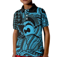 Koa Ikaika Warrior Helmet with Shark Kid Polo Shirt Blue Kakau Style LT9 Kid Blue - Polynesian Pride