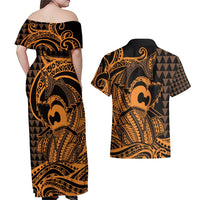 Koa Ikaika Warrior Helmet with Shark Couples Matching Off Shoulder Maxi Dress and Hawaiian Shirt Gold Kakau Style