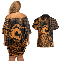 Koa Ikaika Warrior Helmet with Shark Couples Matching Off Shoulder Short Dress and Hawaiian Shirt Gold Kakau Style