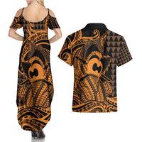 Koa Ikaika Warrior Helmet with Shark Couples Matching Summer Maxi Dress and Hawaiian Shirt Gold Kakau Style