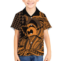 Koa Ikaika Warrior Helmet with Shark Kid Hawaiian Shirt Gold Kakau Style