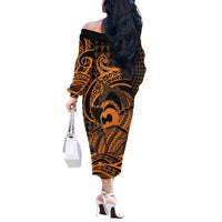 Koa Ikaika Warrior Helmet with Shark Off The Shoulder Long Sleeve Dress Gold Kakau Style