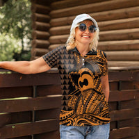 Koa Ikaika Warrior Helmet with Shark Women Polo Shirt Gold Kakau Style LT9 - Polynesian Pride