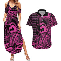 Koa Ikaika Warrior Helmet with Shark Couples Matching Summer Maxi Dress and Hawaiian Shirt Pink Kakau Style