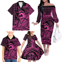Koa Ikaika Warrior Helmet with Shark Family Matching Off The Shoulder Long Sleeve Dress and Hawaiian Shirt Pink Kakau Style