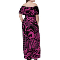 Koa Ikaika Warrior Helmet with Shark Off Shoulder Maxi Dress Pink Kakau Style