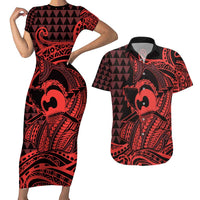 Koa Ikaika Warrior Helmet with Shark Couples Matching Short Sleeve Bodycon Dress and Hawaiian Shirt Red Kakau Style