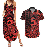 Koa Ikaika Warrior Helmet with Shark Couples Matching Summer Maxi Dress and Hawaiian Shirt Red Kakau Style