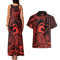 Koa Ikaika Warrior Helmet with Shark Couples Matching Tank Maxi Dress and Hawaiian Shirt Red Kakau Style