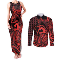 Koa Ikaika Warrior Helmet with Shark Couples Matching Tank Maxi Dress and Long Sleeve Button Shirt Red Kakau Style