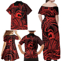 Koa Ikaika Warrior Helmet with Shark Family Matching Off Shoulder Maxi Dress and Hawaiian Shirt Red Kakau Style