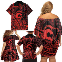 Koa Ikaika Warrior Helmet with Shark Family Matching Off Shoulder Short Dress and Hawaiian Shirt Red Kakau Style