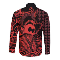 Koa Ikaika Warrior Helmet with Shark Long Sleeve Button Shirt Red Kakau Style