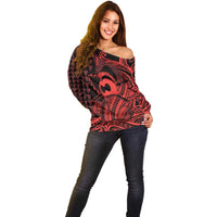 Koa Ikaika Warrior Helmet with Shark Off Shoulder Sweater Red Kakau Style