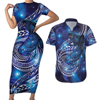 North Island Kokako and South Island Kokako Couples Matching Short Sleeve Bodycon Dress and Hawaiian Shirt New Zealand Native Bird with Galaxy Vibe